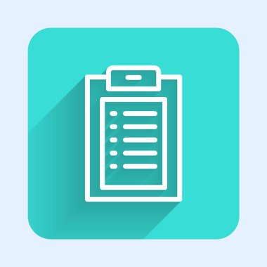 Uzun gölgeli, klinik kayıt simgesine sahip beyaz çizgi tıbbi pano. Sağlık sigortası formu. Reçete, tıbbi kontrol işaretleri raporu. Yeşil kare düğmesi. Vektör.