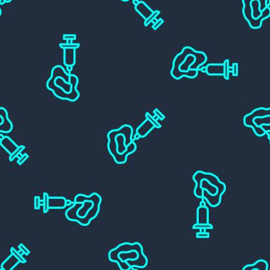 Yeşil çizgi GDO şırınga ikonu mavi arka planda izole edilmiş pürüzsüz desen. Genetik olarak değiştirilmiş organizma kısaltması. DNA gıda modifikasyonu. Vektör.