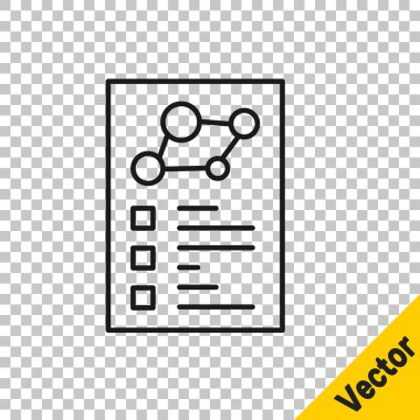 Şeffaf arka planda izole edilmiş klinik kayıt simgesi olan siyah çizgi tıbbi pano. Sağlık sigortası formu. Reçete, tıbbi kontrol işaretleri raporu. Vektör.