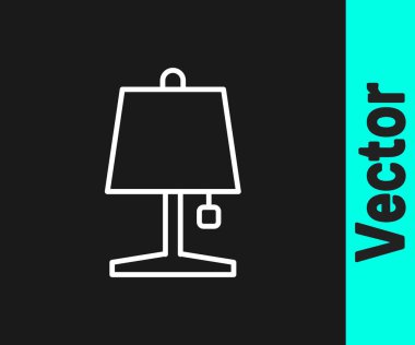 Beyaz çizgi masa lambası simgesi siyah arkaplanda izole edildi. Vektör.
