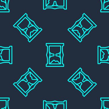 Yeşil çizgi. Mavi arka planda, kum ikonlu eski kum saati izole edilmiş. Kum saati işareti. İş ve zaman yönetimi kavramı. Vektör.