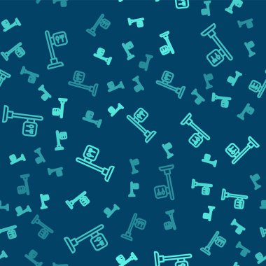 Yeşil Hat Kafe ve Lokanta ikonu mavi arka planda izole edilmiş pürüzsüz desen. Noktanın içinde çatal ve kaşık yeme işareti var. Vektör..