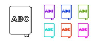 Siyah çizgi ABC kitap simgesi beyaz arkaplanda izole edildi. Sözlük kitabı işareti. Alfabe kitabı simgesi. Simgeleri renklendirin. Vektör.