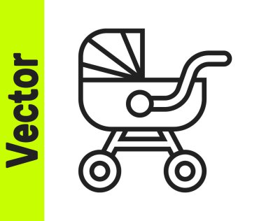 Siyah çizgi bebek arabası simgesi beyaz arkaplanda izole edildi. Bebek arabası, at arabası, bebek arabası, bebek arabası, tekerlek. Vektör.