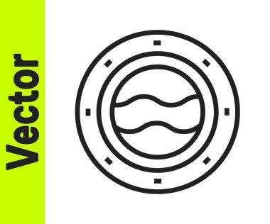 Perçin ve deniz manzaralı siyah çizgili gemi penceresi beyaz arka planda izole edilmiş. Vektör.