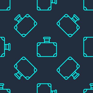 Seyahat simgesi için yeşil bavul mavi arka planda izole edilmiş pürüzsüz desen. Seyahat bagaj tabelası. Seyahat bagaj ikonu. Vektör.