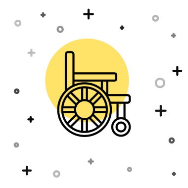 Özürlü kişi simgesi için siyah çizgi tekerlekli sandalye beyaz arkaplanda izole edildi. Rastgele dinamik şekiller. Vektör.