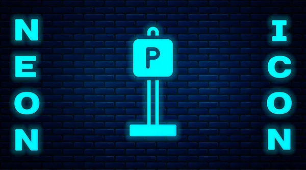 Świecący Neon Parking Ikona Izolowana Tle Cegły Ściany Znak Drogowy — Wektor stockowy