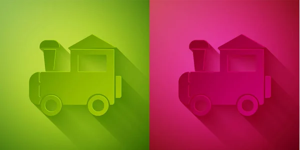 Иконка Игрушечного Поезда Вырезана Зеленом Розовом Фоне Бумажный Стиль Вектор — стоковый вектор
