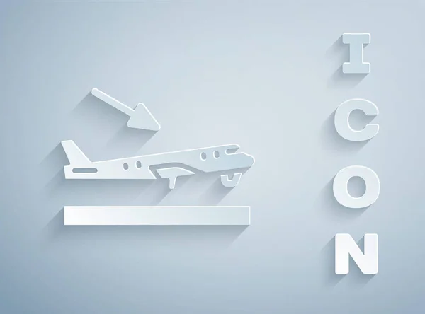 Papel Cortado Ícone Aterrissagem Avião Isolado Fundo Cinza Símbolo Transporte —  Vetores de Stock