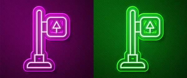 Gloeiende Neon Lijn Verkeerstekens Wegwijzer Pictogram Geïsoleerd Paarse Groene Achtergrond — Stockvector