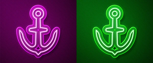 Parlayan Neon Çizgisi Anchor Simgesi Mor Yeşil Arkaplanda Izole Edildi — Stok Vektör