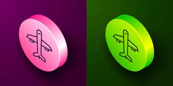 在紫色和绿色背景上隔离的等距直线平面图标 飞行的飞机图标 航空公司的标志 圆形按钮 — 图库矢量图片