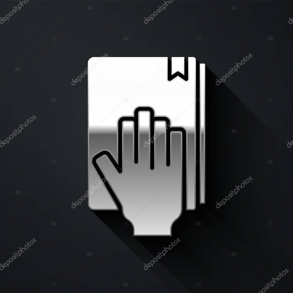 Silver Oath on the Holy Bible icon isolated on black background. The procedure in court. Truth and truth. Promise before god. Long shadow style. Vector.