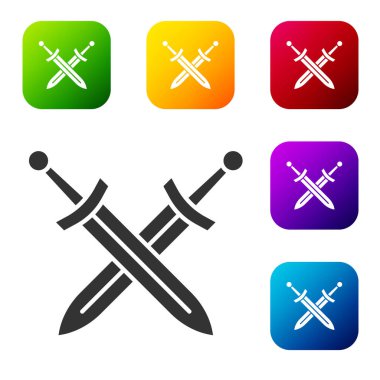 Siyah Haçlı Ortaçağ kılıç ikonu beyaz arka planda izole edilmiş. Ortaçağ silahı. Renkli kare düğmelerle simgeleri ayarla. Vektör.