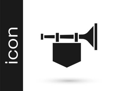 Beyaz zemin üzerinde bayrak simgesi olan siyah trompet. Müzik aleti trompeti. Vektör.