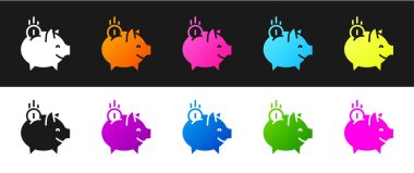 Piggy Bank 'i siyah beyaz arka planda izole edilmiş madeni para ikonu ile ayarla. Tasarruf ya da para birikimi, yatırım. Vektör.