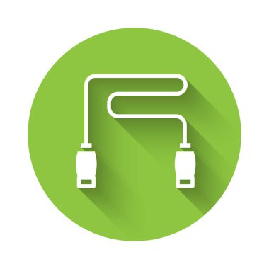 Uzun gölgeli beyaz atlama ipi simgesi. İp atlıyorum. Spor malzemeleri. Yeşil daire düğmesi. Vektör.