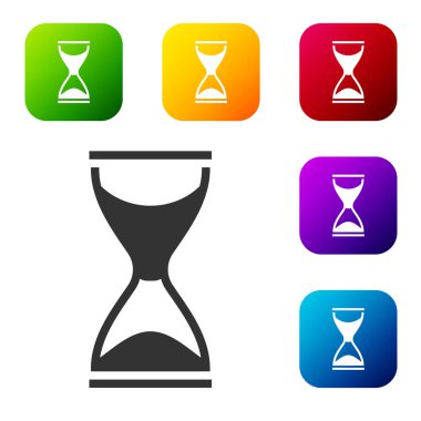 Beyaz arka planda siyah kum ikonu olan eski kum saati. Kum saati işareti. İş ve zaman yönetimi kavramı. Renkli kare düğmelerle simgeleri ayarla. Vektör.