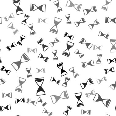 Akan kum ikonuna sahip eski siyah kum saati beyaz arka planda izole edilmiş kusursuz desen. Kum saati işareti. İş ve zaman yönetimi kavramı. Vektör.