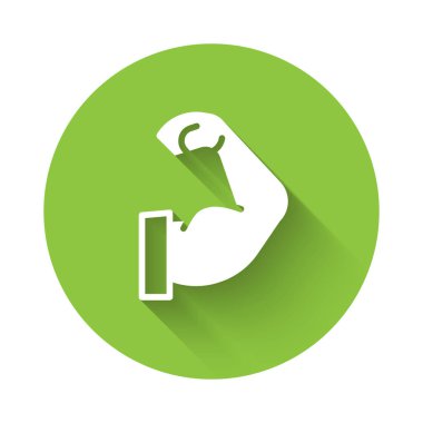 Beyaz vücut geliştirici uzun gölgeli izole edilmiş kas simgesini gösteriyor. Formda kalmak, güçlü sağlık hobisi kavramı. Yeşil daire düğmesi. Vektör.