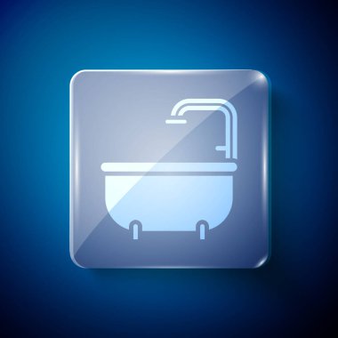 Mavi arka planda beyaz küvet ikonu var. Kare cam paneller. Vektör.