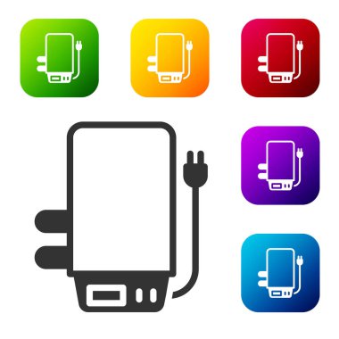 Isıtma su ikonu için siyah elektrikli kazan beyaz arka planda izole edildi. Renkli kare düğmelerle simgeleri ayarla. Vektör.