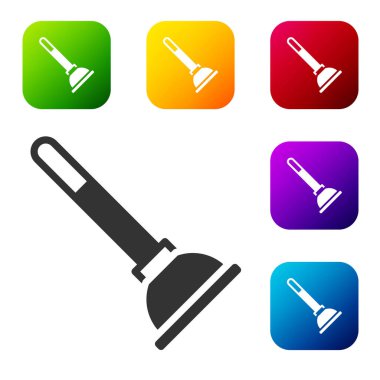 Boru temizleme ikonu için ahşap saplı siyah lastik pompa beyaz arka planda izole edilmiş. Tuvalet pompası. Renkli kare düğmelerle simgeleri ayarla. Vektör.