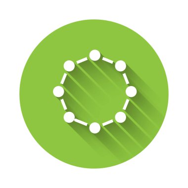 Beyaz Kimyasal formül ikonu uzun gölgeli izole edilmiş. Yenilikçi tıp, sağlık, araştırma ve bilim için soyut altıgen. Yeşil daire düğmesi. Vektör.