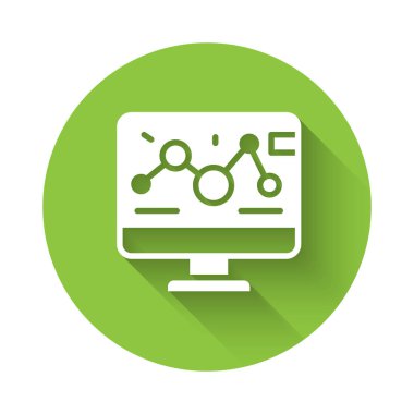 Dizüstü bilgisayar simgesinde uzun gölgeli beyaz genetik mühendislik modifikasyonu. DNA analizi, genetik testler, klonlama. Yeşil daire düğmesi. Vektör.