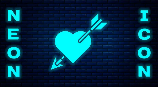 Glowing Neon Amour Symbol Heart Arrow Icon Isolated Brick Wall — Stock Vector