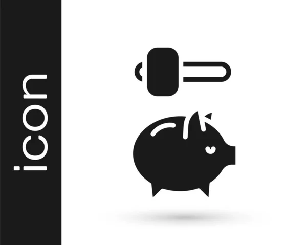 黑色小猪银行和锤击图标孤立在白色背景 包括储蓄或积累资金 — 图库矢量图片