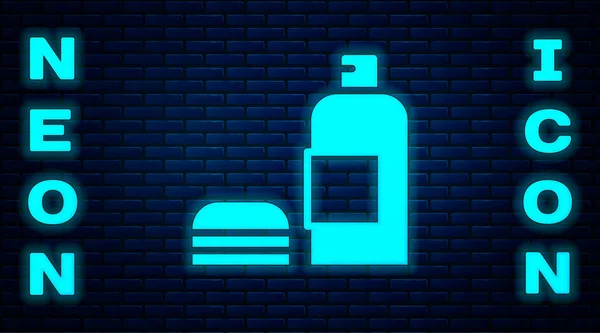 Leuchtende Neon Flasche Shampoo Symbol Isoliert Auf Backsteinwand Hintergrund Vektor — Stockvektor