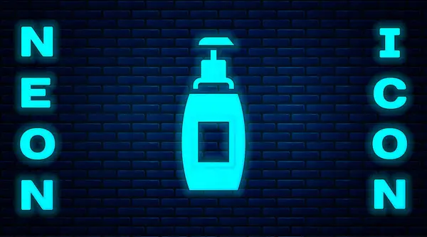 Glowing Neon Bottle Liquid Antibacterial Soap Dispenser Icon Isolated Brick — Stock Vector