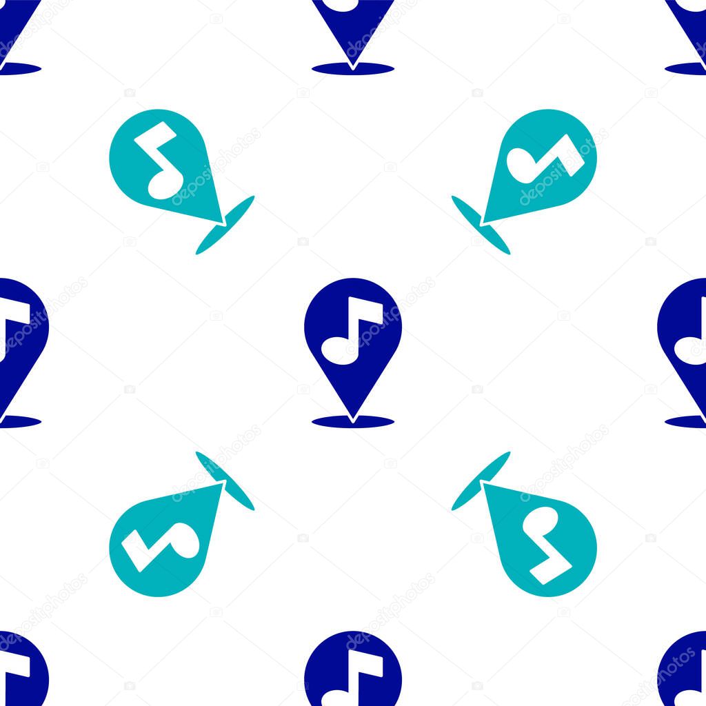 Blue Location musical note icon isolated seamless pattern on white background. Music and sound concept.  Vector.