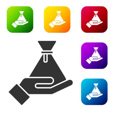 Siyah Rüşvet para çantası simgesi beyaz arka planda izole edildi. Para birimi. Renkli kare düğmelerle simgeleri ayarla. Vektör.