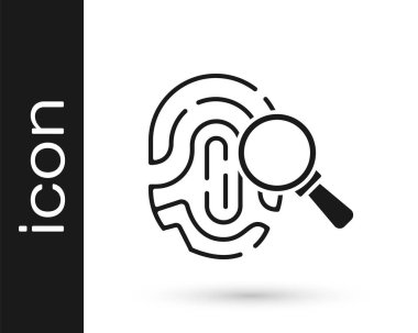 Beyaz arka planda izole edilmiş parmak izi ikonu olan siyah büyüteç. Kimlik işareti. Vektör.