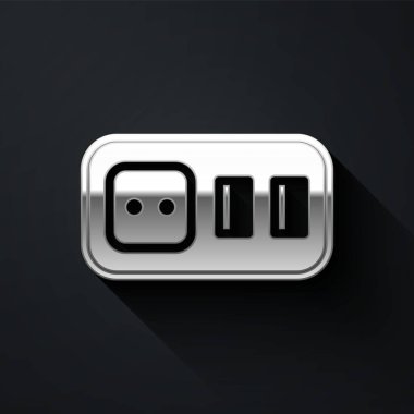 Siyah arkaplanda gümüş elektrik çıkış simgesi izole edildi. Elektrik prizi. Rosette sembolü. Uzun gölge tarzı. Vektör.