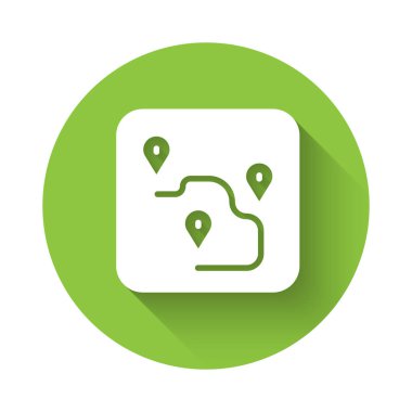 Beyaz Yol konum simgesi uzun gölgeli izole edildi. Harita işaretçisi işareti. Yol ya da yol kavramı. GPS navigatörü. Yeşil daire düğmesi. Vektör.