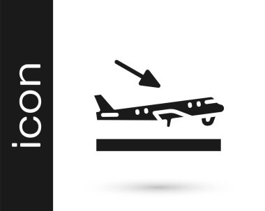 Siyah Uçak iniş ikonu beyaz arka planda izole edildi. Uçak taşıma sembolü. Vektör.