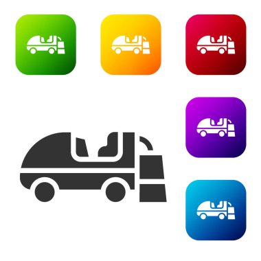 Siyah Buz canlandırıcı simgesi beyaz arkaplanda izole edildi. Buz pateni pistindeki buz yüzeyi makinesi. Buz pateni pisti ve stadyum için daha temiz. Renkli kare düğmelerle simgeleri ayarla. Vektör.