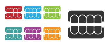 Beyaz arkaplanda siyah sahte çene simgesi izole edildi. Diş çene ya da takma dişler, kesici dişli takma dişler. Simgeleri renklendirin. Vektör.