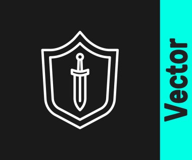 Beyaz çizgi Ortaçağ kalkanı ve siyah arka planda izole edilmiş kılıç simgesi. Vektör.