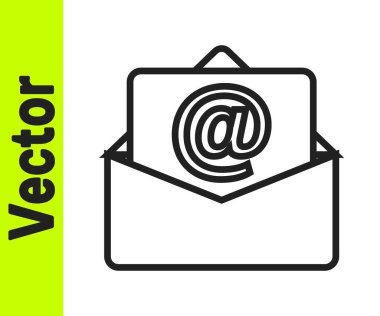 Beyaz arkaplanda siyah satır e- posta ve e- posta simgesi izole edildi. Zarf sembolü e-postası. E- posta kodu. Vektör.