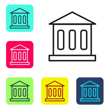 Siyah çizgi banka binası simgesi beyaz arkaplanda izole edildi. Renkli kare düğmelerle simgeleri ayarla. Vektör.