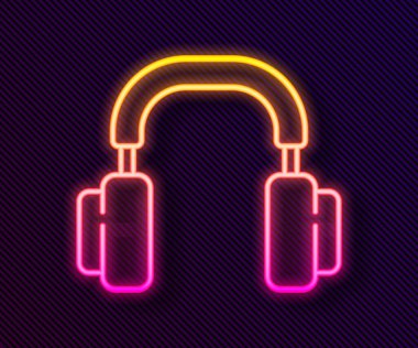 Parlayan neon hattı kulaklık simgesi siyah arkaplanda izole edildi. Kulaklıklar. Müzik, hizmet, iletişim ve operatör konsepti. Vektör.