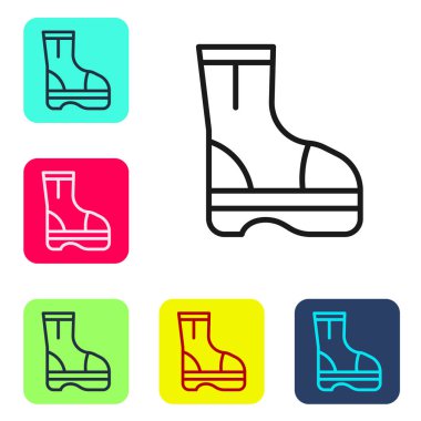Siyah çizme çizme çizmesi simgesi beyaz arkaplanda izole edildi. Renkli kare düğmelerle simgeleri ayarla. Vektör.