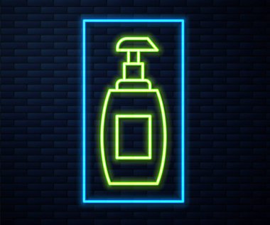 Parlayan neon hattı, tuğla duvar arkasında izole edilmiş sıvı antibakteriyel sabun. Antiseptik. Dezenfeksiyon, hijyen, cilt bakımı. Vektör.