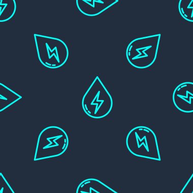 Yeşil çizgi Su Enerji ikonu mavi arka planda izole edilmiş pürüzsüz desen. Su damlacıklarıyla ekoloji kavramı. Alternatif enerji kavramı. Vektör.