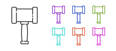 Siyah çizgi Yargıç Tokmak ikonu beyaz arka planda izole edildi. Gavel cezaların, faturaların, mahkemenin, adaletin hükmünü verecek. Açık arttırma çekici. Simgeleri renklendirin. Vektör.